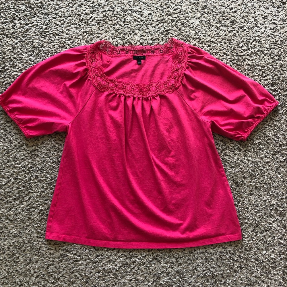 Talbots L Pink Crochet Lace Trimmed Square Neck Puff Half Sleeve Peasant Top